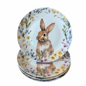 Mikasa Floral Easter Bunny Salad Plates 9in Porcelain Set of 4 NEW